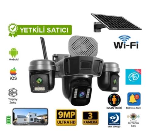 O-KAM-5210 WİFİ SOLAR 3 LENS SİRENLİ 3MP X3 9MP Wi-Fi kamera LED PANEL WİFİ